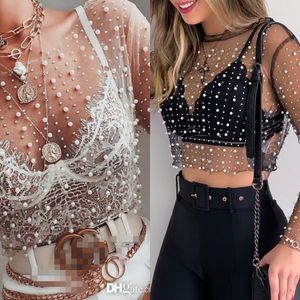 2022 Women Shirt Sexy Perspective Lace Shirts Blouse Woman Female Crop Tops Bright Diamond Beads Long Sleeve Top Mesh Tee Fall Clothing