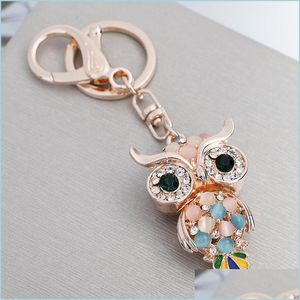 Key Rings Bag Key Chain Opal Owl Cute Rhinestone Car Keys Ring Holder For Women Girls Fashion Metal Animal Pendant Keyrings Jewelry G Dhlof