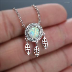 Pendant Necklaces Cute Hollow Small Leaf Tassel Necklace White Blue Opal Round Stone Charm Silver Color Chain For Women