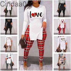 Mulheres Tracksuits Dois Pedaço Definir Designer Presentes De Natal Presentes De Natal Personalizado Carta Impressão Tops Split Bainha Manga Longa Roupas Slim 9 Cores