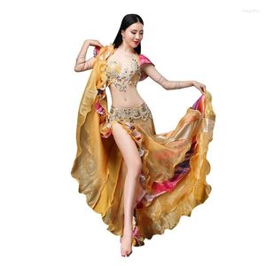 Stage Wear Yellow Sexy Belly Dance Costume Dancer Bra Dress TV Show Woman Clothing Performance Suits Clothes SetStage
