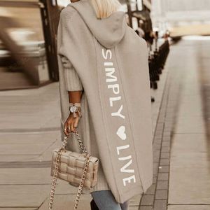 Women's Wool Blends 2022 New Autumn Winter Women Sweater Cardigan Fashion Tter Printed Hooded Sweater Coats Casual Long Seve Knitted Loose Overcoats 0921H