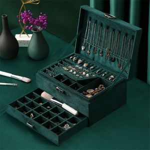 Jewelry Boxes Green 3Layer Flannel Organizer Box Necklaces Earrings Rings Display Holder Case for Women Large Capacity With Lock 220916