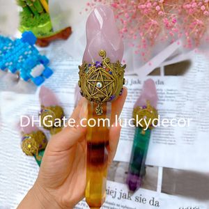 Rose Quartz Flame Fluorite Point Decoração de bruxaria inspirada Crystal Torch Rainbow Amarelo Fluorite Power Power Power Magic Scepter Wand Wand Healing enérgico