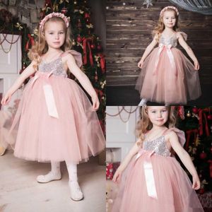 Girl Dresses Light Pink Tulle Flower For Wedding Tea Length Sequined Girls Pageant Gowns With Bow Sash Kids Birthday Prom Dress