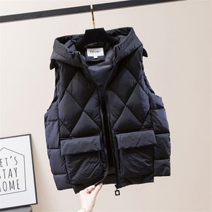 Kvinnors västar Vinter Short Vest Solid Korean Style ärmlös huva Tjock jacka Kvinnlig bomull vadderad Casual Outwear 220916