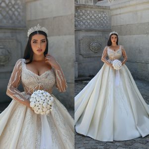 Modest Ball Gown 2023 Wedding Dresses Long Sleeve Bridal Gowns Scoop Neck Saudi Arabia Beading Sequined Robes De Mariee