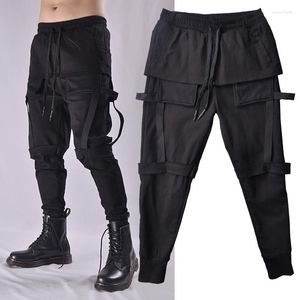 Men's Pants Autumn Winter Dark Black Leggings Overalls Men's Slim Functional Webbing Fake Two-piece Culottes Harem