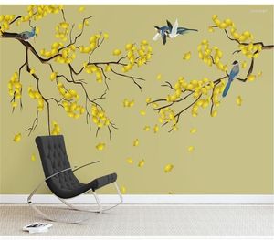 Papéis de parede Papéis de parede personalizados MURAL Ginkgo Flores pintadas à mão e pássaros pintura de decoração de parede de fundo chinesa