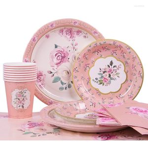 Party Decoration Vintage Floral Printing Tea Decor Tableware Flower Paper Plates Cups For Wedding Birthday Supplies Garden