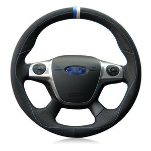 Voor Ford Kuga Focus DIY Handgestikte auto stuurwielhoes Top Leather177R