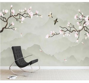 壁紙カスタムホームバックグラウンドウォールペーパー壁画中国スタイルマグノリアゴンビの花と鳥