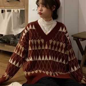 Women's Sweaters Women Vintage Argyle Korean All-match Chic V-Neck Ladies Pullovers Student Lazy Style Winter Womens Sweater 220916