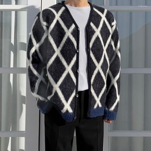 Мужские свитера мужская мужская корейская тенденция Argyle вязание кардиган-свитер V-образный выстрел