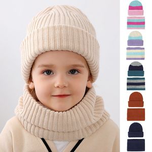 2 Pieces Beanies Baby Hat Thick Knitted Warm Bonnet Kids Caps Scarf Set Solid Stripe Color for Boy and Girl Soft Winter Snow Kid's Hat