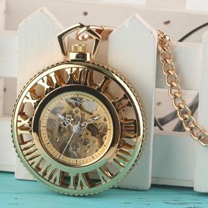 Pocket Watches Golden Roman Numbers Skeleton Mechanical Winding Watch Watch Transparent Glass Open Face Automatic Antique Troupping