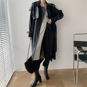 Frauen Wolle Mischung Korea Runway Designer Herbst Herbst Leder Maxi Long Trench Coat mit G￼rtel Chic weiblicher Windbreaker Classic 220919