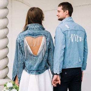 Men's Jackets Men's Custom Bridal Jacket With Open Hear Back Rhinestone Wedding Jean Denim Bride Top Date Under Collar Heart