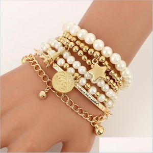 Bracelets de charme 6pcs/conjunto Moda Gold Color Bads Star Pearl Star Mtilayer Bracelets Setting for Women Charm Party Jewelry Gift 5586 Q2 DHCI9