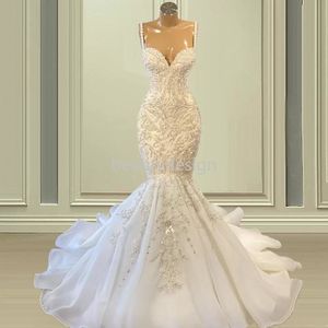 African Spaghetti Strap Mermaid Wedding Dresses Beaded Embroidery Lace Sweep Train Organza Formal Bridal Gowns