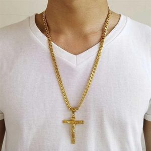 Goldfarbene Kreuz-Jesus-Halskette aus Edelstahl mit Anhänger, Hip-Hop, kubanisch, mit Link-Kruzifix 24 in 2109293071