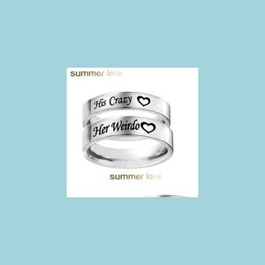 Anillos de racimo Anillos de pareja de acero de titanio para mujeres Hombres Su loco Su Weirdo Black Sier Anillo de bodas Accesorios de joyería de moda Drop DH7UP