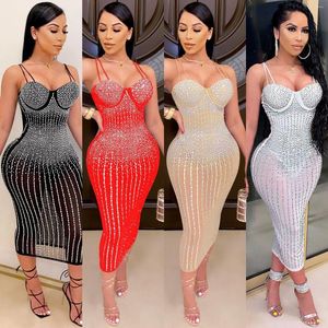 Casual Dresses 2022 Trendy Summer Solid Braces Tulle Women Jumpsuit Skirt Bodycon Sexy Party Dress Sleeveless Diamond-bordered