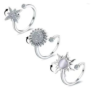 Cluster Rings Anti Stress Anxiety Fidget Expandable Ring Rotating Gift Six-pointed Star Daisy Sun Flower For Women Personality Jewelry