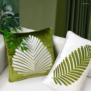 Kudde Dunxdeco Green Leaf broderad täckning Dekorativ fyrkantig fodral Modern enkel färsk färg soffa stol säng kussin