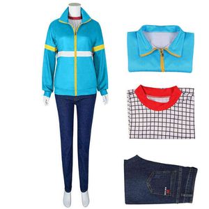 Stranger Things Season 4 Cosplay Costume set - Max Mayfield, Mike Even, Lucas, Hell Fire Club Uniform Blue Sweater Jeans and Plaid Shirt (0919H)