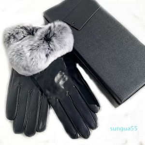 Five Fingers Gloves sheepskin wool-lined rabbit skin thermal cycling black