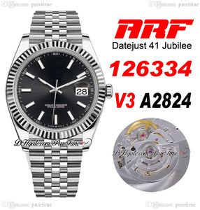 ARF V3 126334 ETA A2824オートマチックメンズウォッチ41mmフルーテッドベゼルブラックスティックダイヤル904L JubileSteel Bracelet Watches Super Edition同じシリーズカード純粋なC3