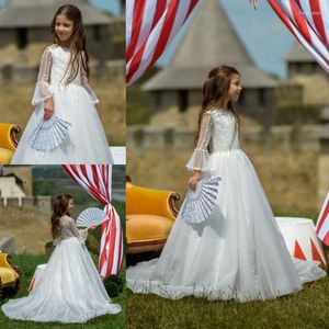 Girl Dresses Gy White Bell Sleeve Applique Flower Dress Tulle Prom Little Bridal Pageant