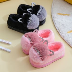 Slipper Kids Slippers Зимой детские хлопковые обувь теплые розовые пушистые кроличьи уши.