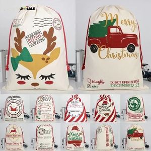 Snelle schip kerstcadeau Zakken Pure katoenen canvas Drawtring Santa Sack Bag met Xmas Santa Design