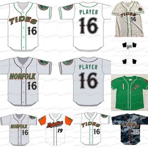 GlaA3740 Norfolk Tides Minor League costurou camisa de beisebol de beisebol 100% Bordado branco cinza camisas verdes costuradas