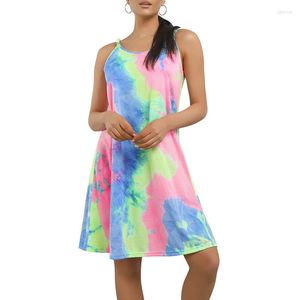 Casual Dresses Women Summer Slip Dress mångfärgad tie-dye sexig grundläggande mini ärmlös lös rygglös sundress vestidos