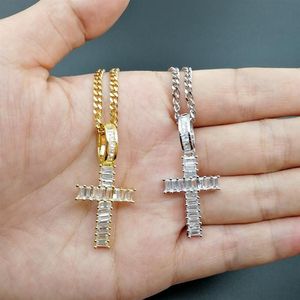 Whole-Hip Hop Strip CZ Stein Bling Ice Out Kreuz Anhänger Halskette für Männer Rapper Schmuck mit 24 Zoll kubanischer Kette Gold Silber Halskette227x