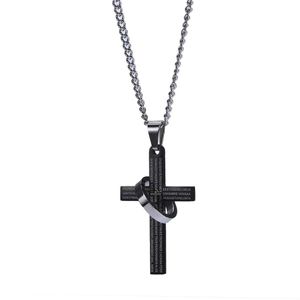 Fashion Mens Silver Chain Bible Ring Cross Pendant Necklace Hip Hop Jewelry Stainless Steel Link Chains Punk Black Necklaces For Men Gi241K