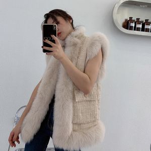 Kvinnors päls koreanska mode kvinnors äkta krage tweed ull vest varumärke design smal vinter yttre manteau femme zo20