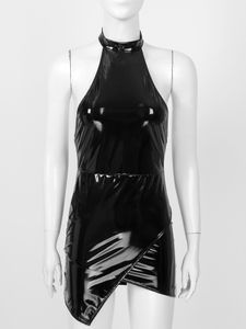 Catsuit Costumes Sexy Womens Patent Leather Bodycon Dress Sleeveless Halter Asymmetrical Hem Mini Dresses Rave Party Festival Wetlook Clubwear