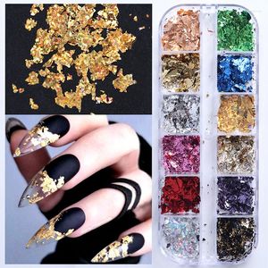 Nagelglitter, 12 Gitter, Goldfolien, Nägel, Pailletten, unregelmäßige Aluminium-Metallfolie, Pulver, Kunstdekoration, Zubehör, Maniküre