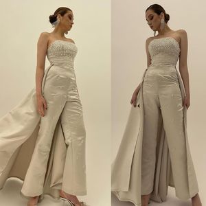 Size Crystal Plus Jumpsuits Strapless Sleeveless Prom Dresses Detachable Train Evening Formal Party Second Reception Gowns