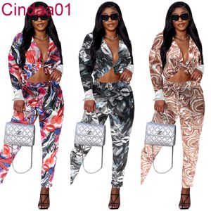 Autumn Women Pants Outfits Corrugated Printed Long Sleeved Shirt And Trousers Suit Lady Casual Matching Set