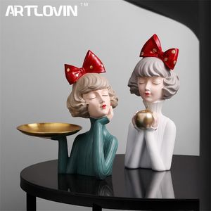 Objetos decorativos Figuras de luxo moderno Bowknot Girl Resin Home Decoration People Bust Storage Plate Gilr estátua para decoração de quarto Presentes de casamento 220919