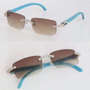 Blue Wood Rimless Moissanite Diamond Set Solglasögon Kvinna Square 8200757 Träglasögon Män berömda vintage Sun Glasses Womans-glasögon 18K Guldstorlek 57-18-140mm