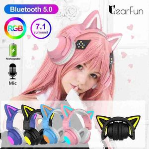 Headsets Drahtlose Kopfhörer Katze Ohr mit Mikrofon Blau-zahn Glow Licht Stereo Bass Helme Kinder Gamer Mädchen Geschenke PC Telefon Gaming Headset T220916