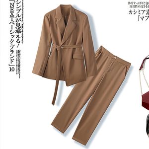 2022 Autumn Black Solid Color Two Piece Set Hylsa Notched-Lapel Belted Blazers Top Long Pants Suits Set 22S158338