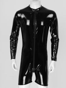 PVC Catsuit Costumes Mens Mock Neck Neck Pizper Jumpsuet Long Sleeve Bodysuit Patent Leather Leath Look Rave Clubwear Lingerie Romper Costume