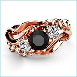 Band Rings Huitan Witch Ring Unique Black Stone Prong Setting Twist Band Design Rose Gold Color Women Engagement Finger Rings Wholesa Dhq7T